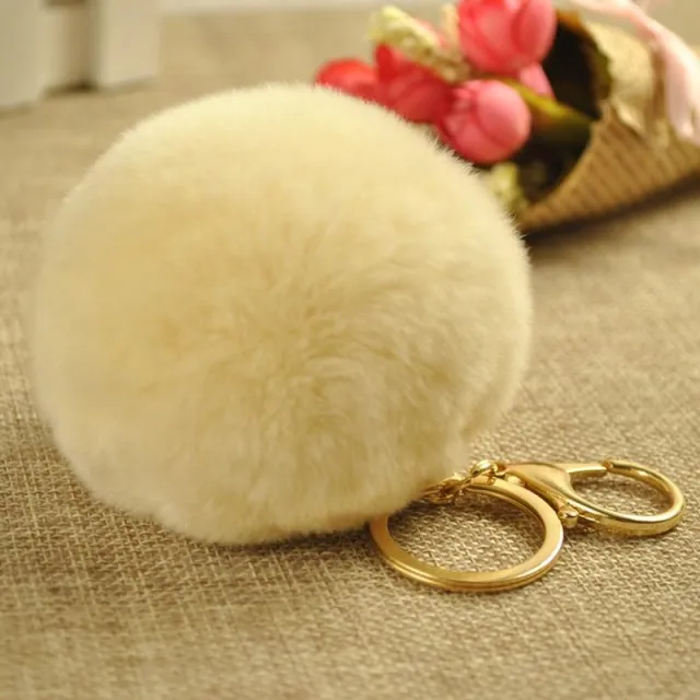 Cute Rex Rabbit Fur Ball Keychain Beige - Shop at LoveMi