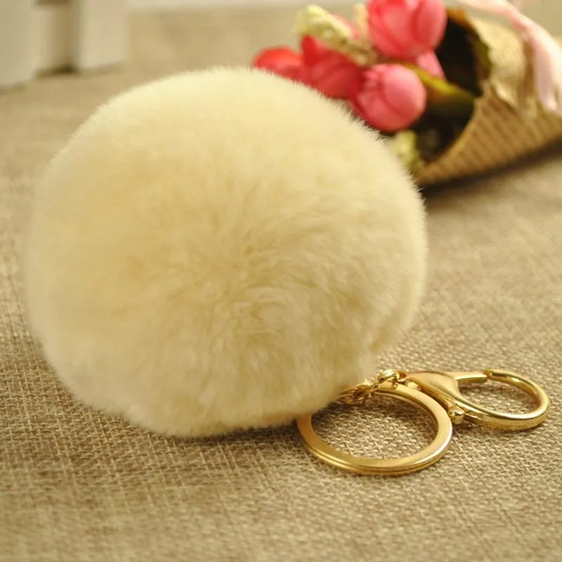 Cute Rex Rabbit Fur Ball Keychain - Beige