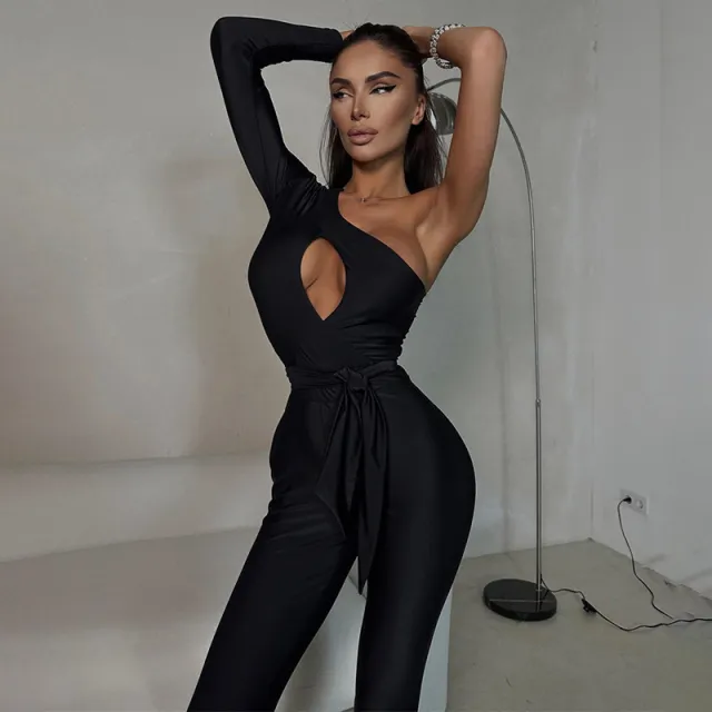 High stretch Body shaping Tights Female Fashion Hot Sexy Backless One Shoulder Sleeve Jumpsuit Black - Shop at LoveMi