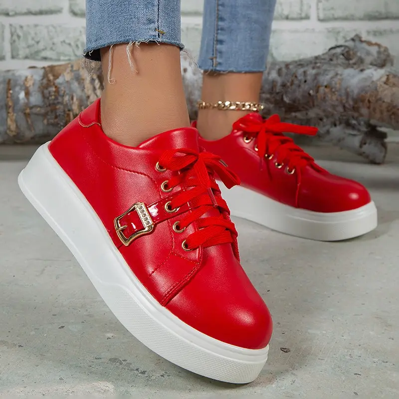 Lace-up Flats Shoes with Metal Buckle Design Lightweight Round