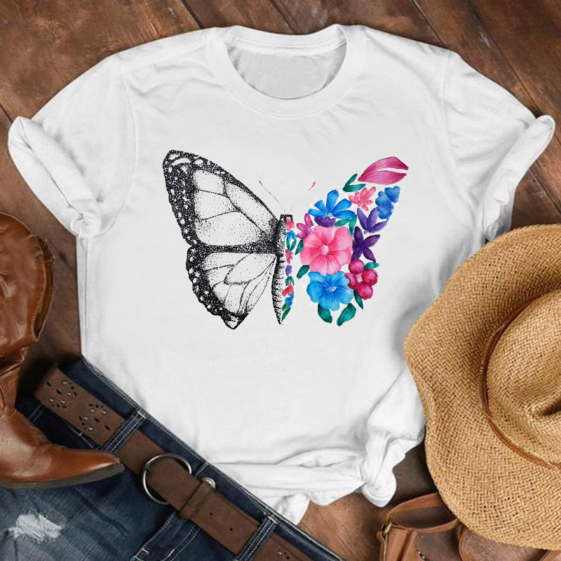 Title 3, Ladies Cartoon Butterfly Flower Short-sleeved D...