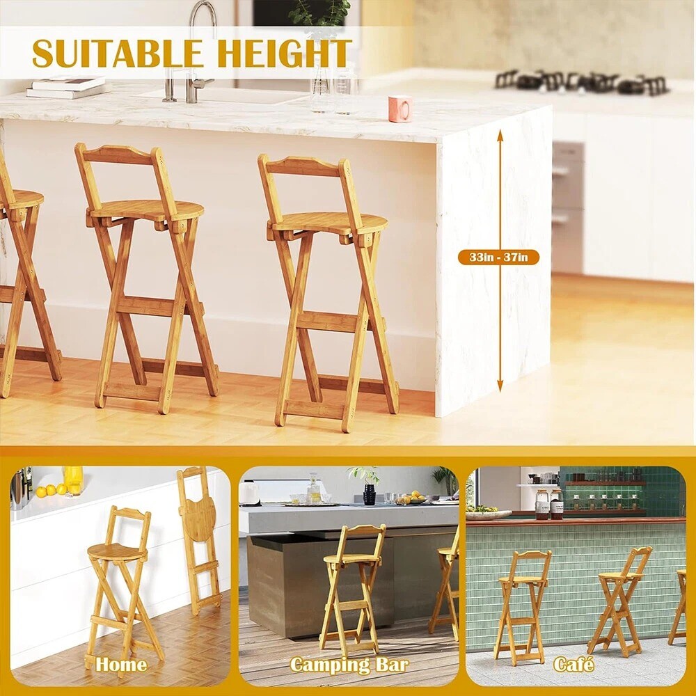 Wooden Folding Bar Stool Bamboo Kitchen Counter Height Stools With Backrest NEW — image 7