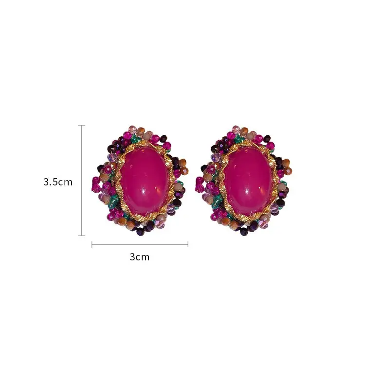 Silver Stud Rhinestone-encrusted Crystal Oval Earrings