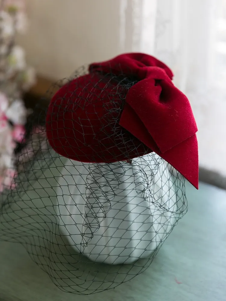 French Elegant White Feather Fleece Vintage English Top Hat - Wine Red