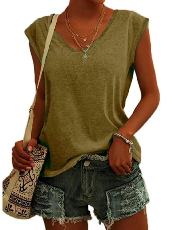European And American Women's Simple V neck Loose T shirt Army Green - Shop at LoveMi