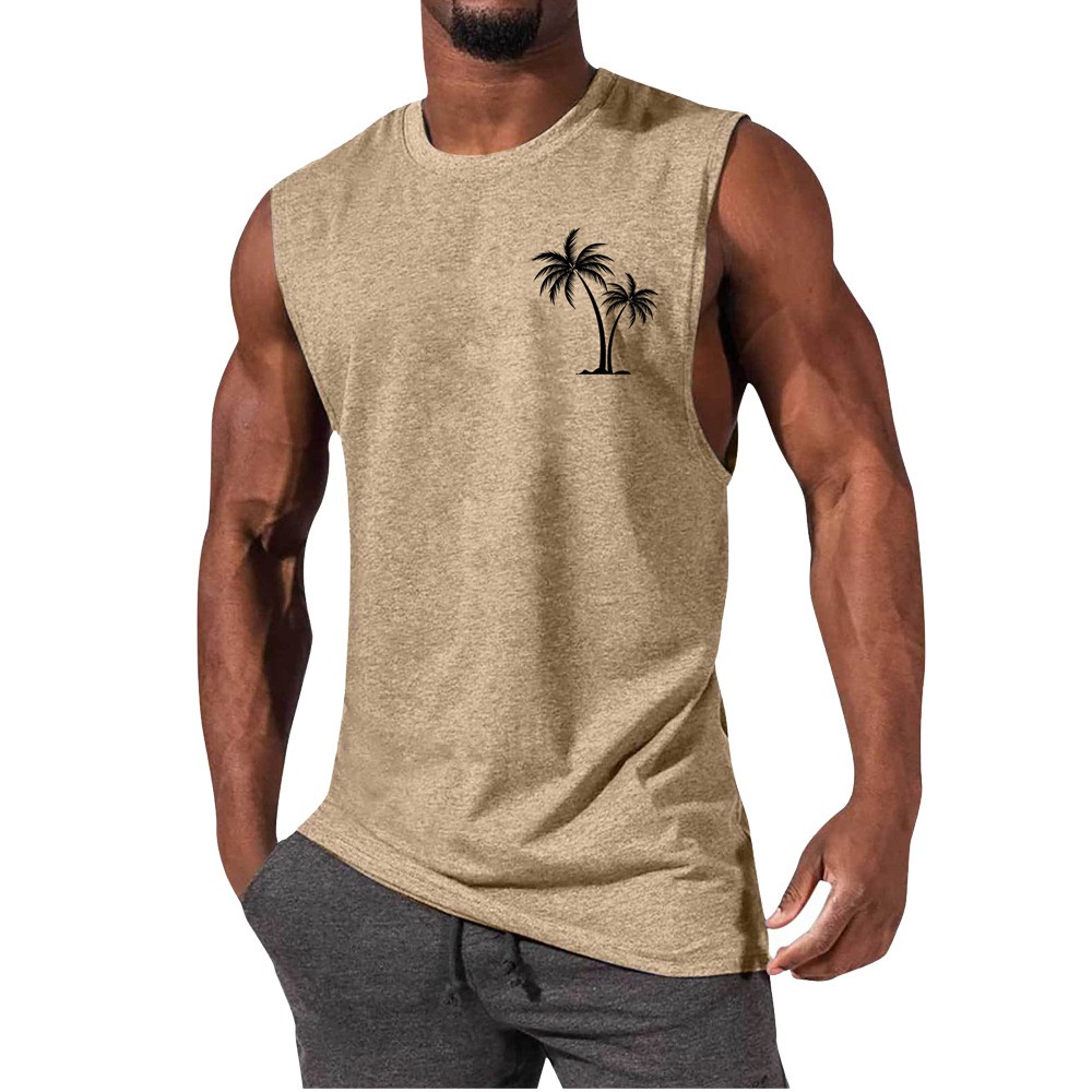 Coconut Tree Embroidery Vest Summer Beach Tank Tops Workout Muscle Men Sports Fi