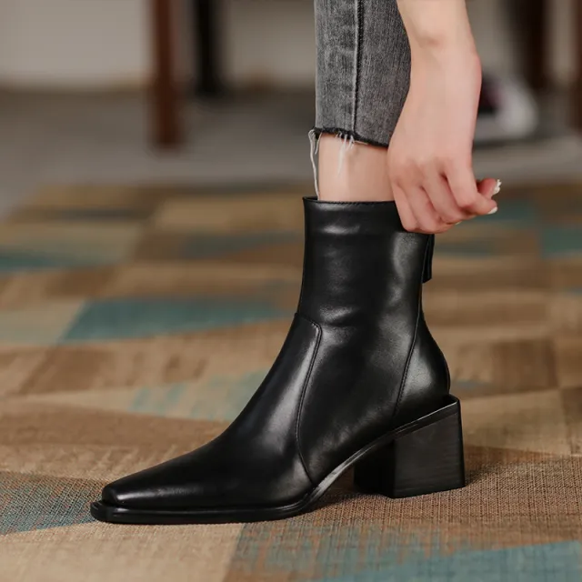 Women's Leather Chunky Heel Square Toe Ankle Boots Black - Shop at LoveMi