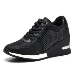 Women Lace-up Sneakers Height Increasing 6.5cm Flats Walking Shoes - Black - View 1