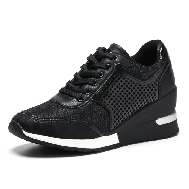 Women Lace up Sneakers Height Increasing 6.5cm Flats Walking Shoes Black - Shop at LoveMi