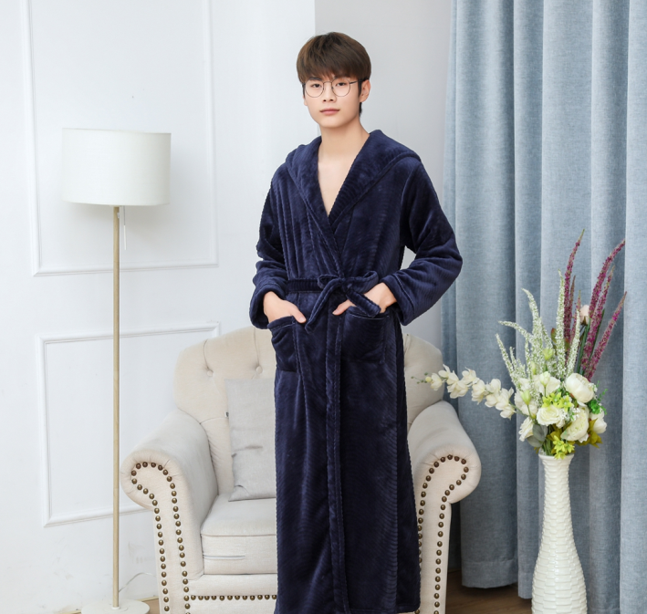 Title 7, Solid Color Extended Hooded Flannel Bathrobe