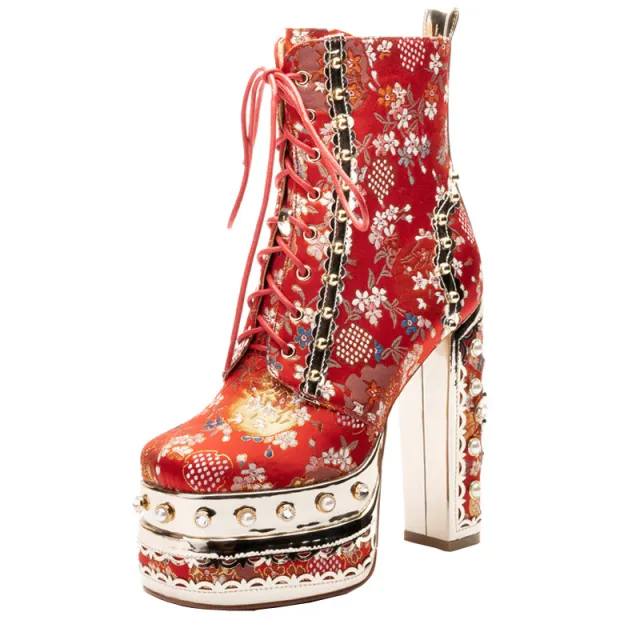 Platform Super High Heel Lace Rivet Silk Martin Boots Red - Shop at LoveMi