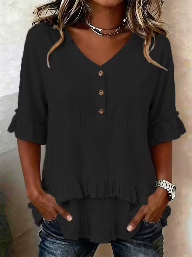 Women's Retro V-neck Ruffled Loose Short Sleeves