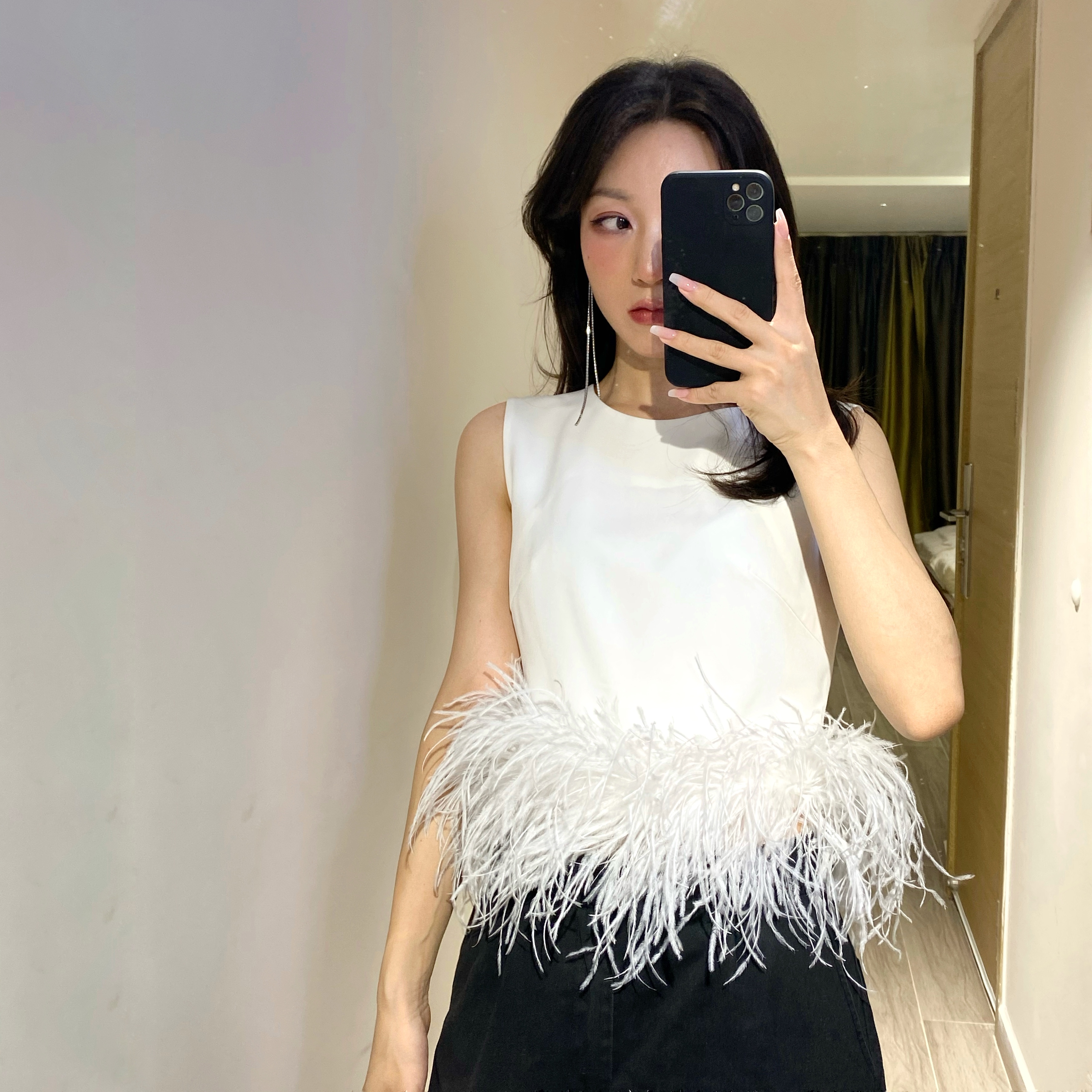 Title 6, Ostrich Fur Slim High Waist Sleeveless Solid Co...