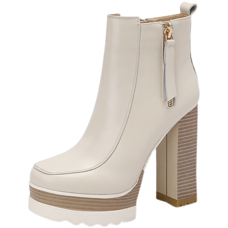 Women's Chunky Heel Platform Leather Side Zip Square Toe Ankle Boots