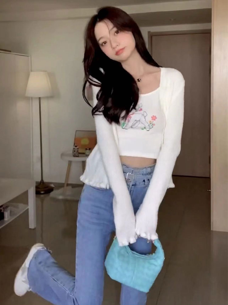 Camisole Cardigan High Waist Flared Jeans Suit - Shop at LoveMi