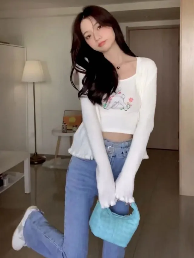 Camisole Cardigan High Waist Flared Jeans Suit - Shop at LoveMi