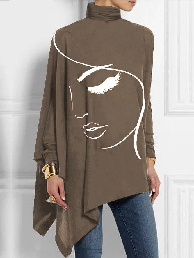 Turtleneck Irregular Knit Bottoming Printed Shirt Flower7 M - Shop at LoveMi