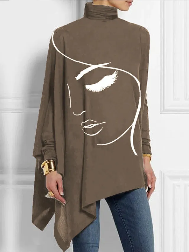 Turtleneck Irregular Knit Bottoming Printed Shirt Flower7 M - Shop at LoveMi