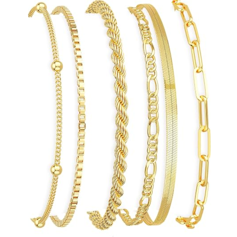 Bracelets en or pour femmes, bracelets empilables imperméables plaqués or 14 CARATS, à chevrons minimalistes, cubains, trombone et chaînes en corde