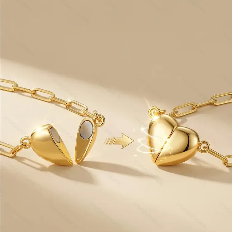 Magnetic Heart Matching Necklace For Couples, 18K Gold Rose Gold Plated Stainless Steel Paperclip Chain, Relationship Friendship Gift