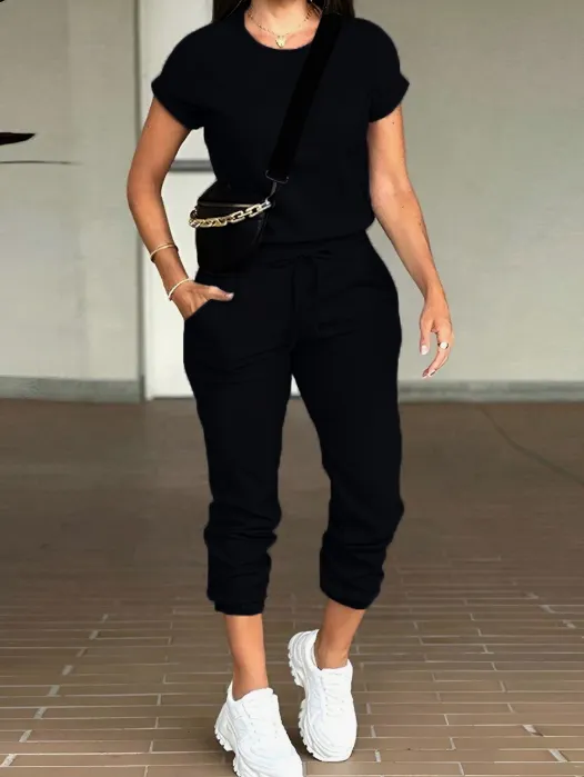 Women Solid Color Round Neck Short Sleeve Top And Drawstring Pocket Long Pants Casual Suit Black - Shop at LoveMi