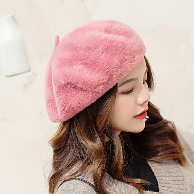 Women's Fashion Mink Hair Beret Leisure Leather Powder One Size - Shop at LoveMi