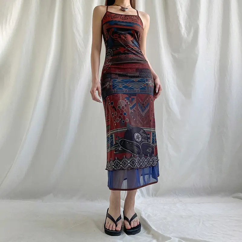 Mesh Stitching Contrast Color Printing Slip Dress
