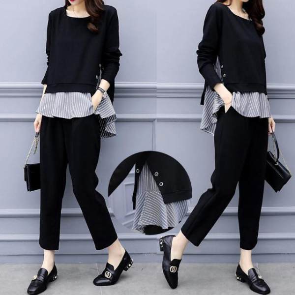 New Style Striped Stitching Long-sleeved Top Ankle Pants 2pcs