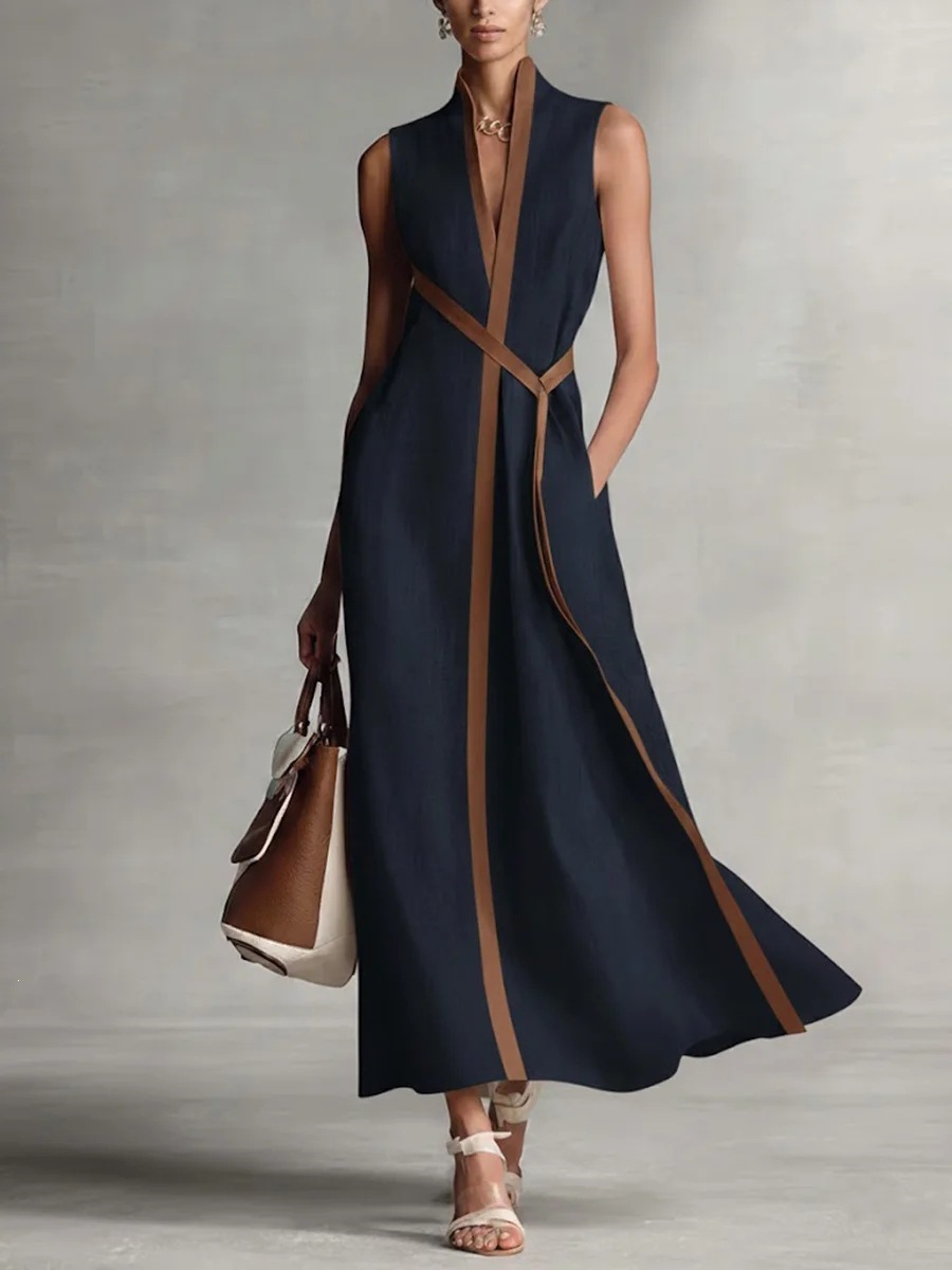 Color Block Sleeveless Stand Collar Linen Blend Dress