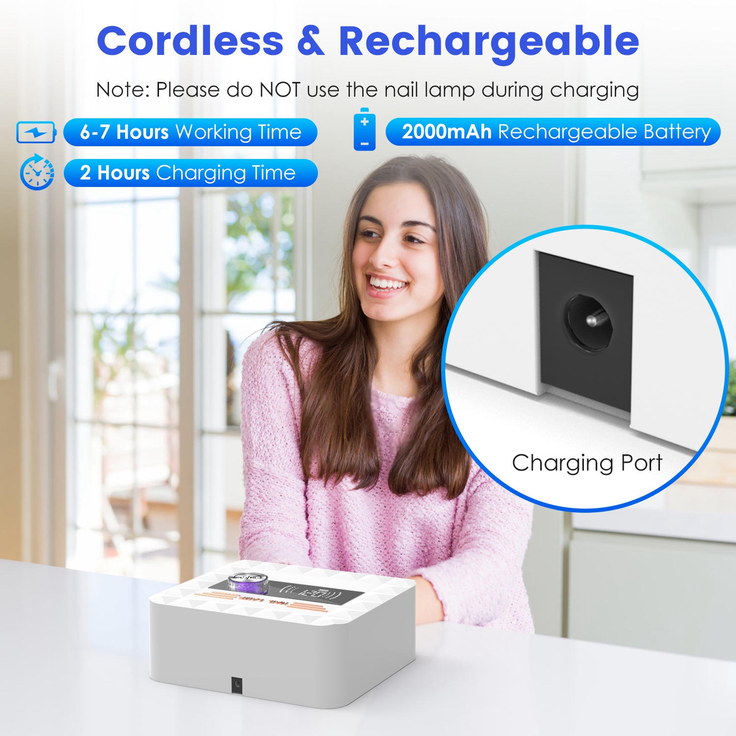 1Pc 120W Cordless UV Nail Lamp Rechargeable Gel Curing Lamp Gel Polish Light Nail Dryer With LED Display 1S To 120S Timer Settings 30 LED Beads For Salon And Home 3