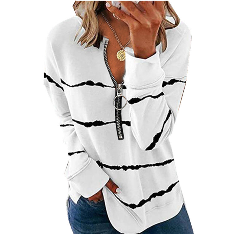 Title 3, Autumn New Style Striped Zipper V Neck Loose Lo...