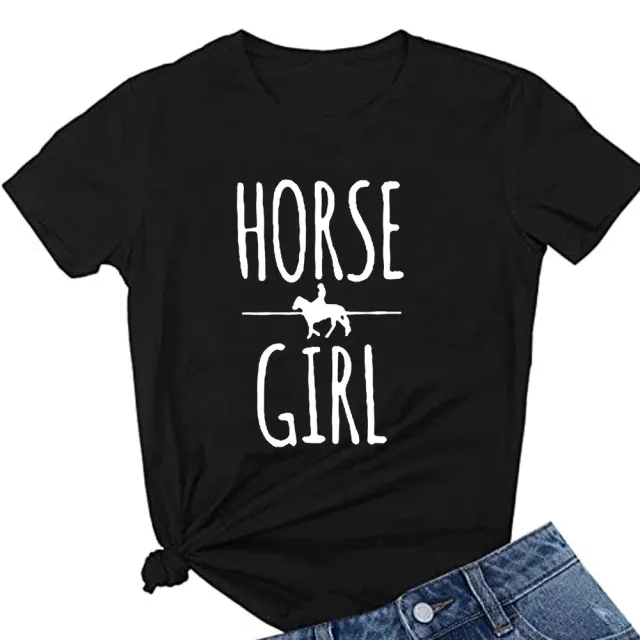 Horse Girl Letter Short Sleeve Women's T shirt Black - Shop at LoveMi