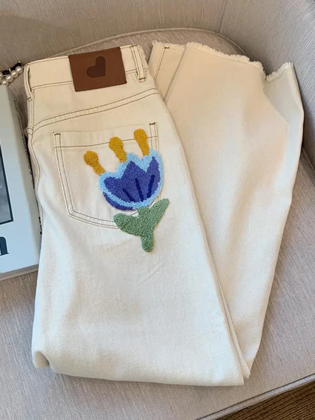 Women's Vintage Flocked White High Waist Jeans White - Shop at LoveMi