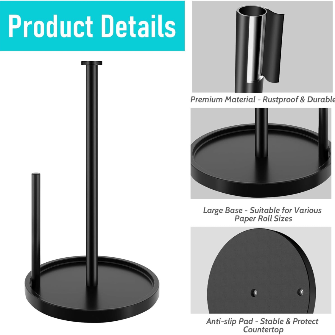 Paper Towel Holder Countertop, Standing Paper Roll Holder With Anti Slip Weighted Base, Stainless Steel Freestanding Paper Towel Holder For Kitchen, Black — foto 3