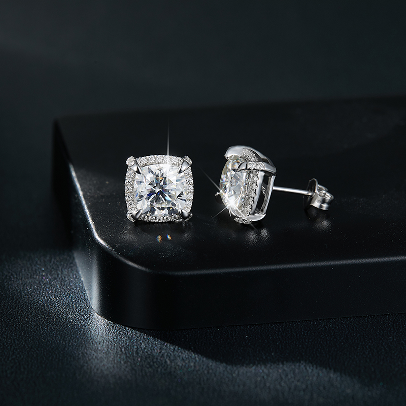 Cushion Cut Moissanite Halo Stud Earrings