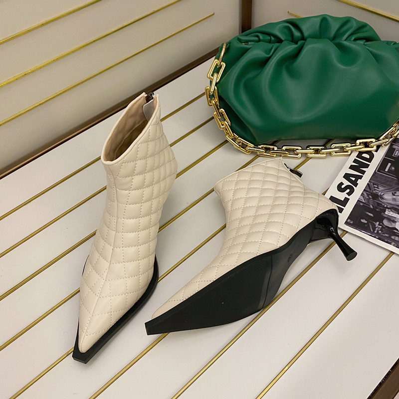 Plaid Stiletto Heel High Heeled Fashion Ankle Boots With Pointed Back Zipper