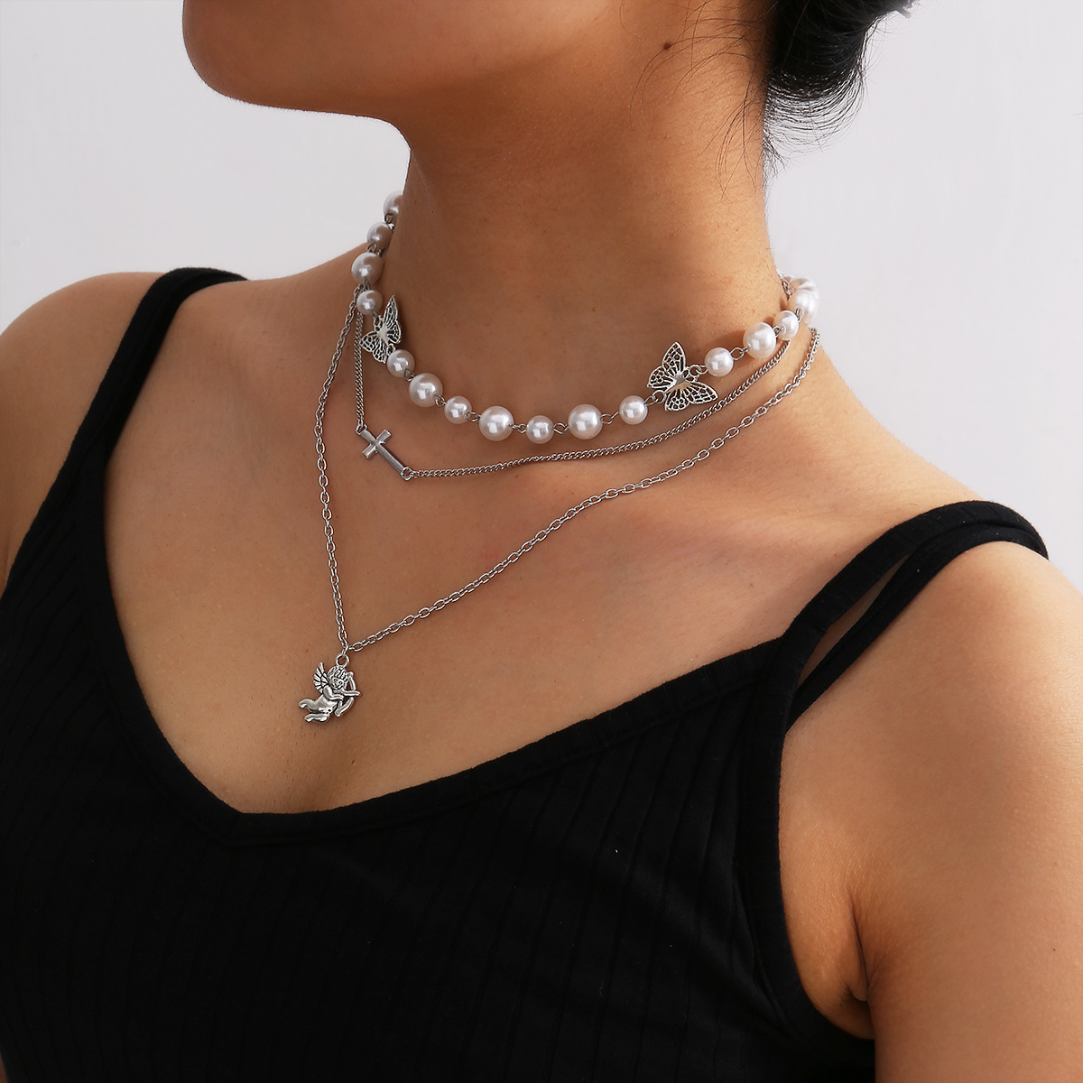 Butterfly Clavicle Chain Pearl Cross Necklace