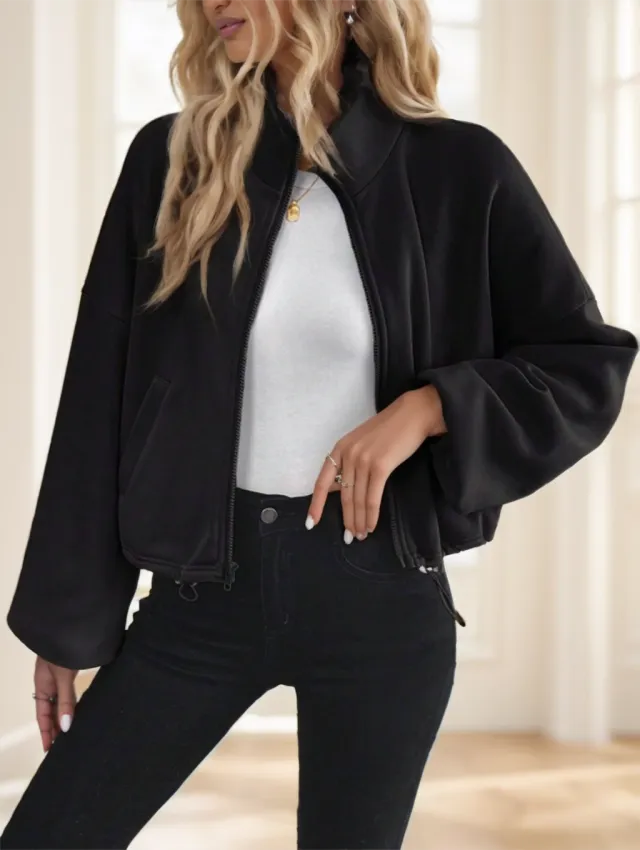 Women's Zip Up Drawstring Long Sleeve Casual Hooded Sweatshirt Jacket Black - Shop at LoveMi