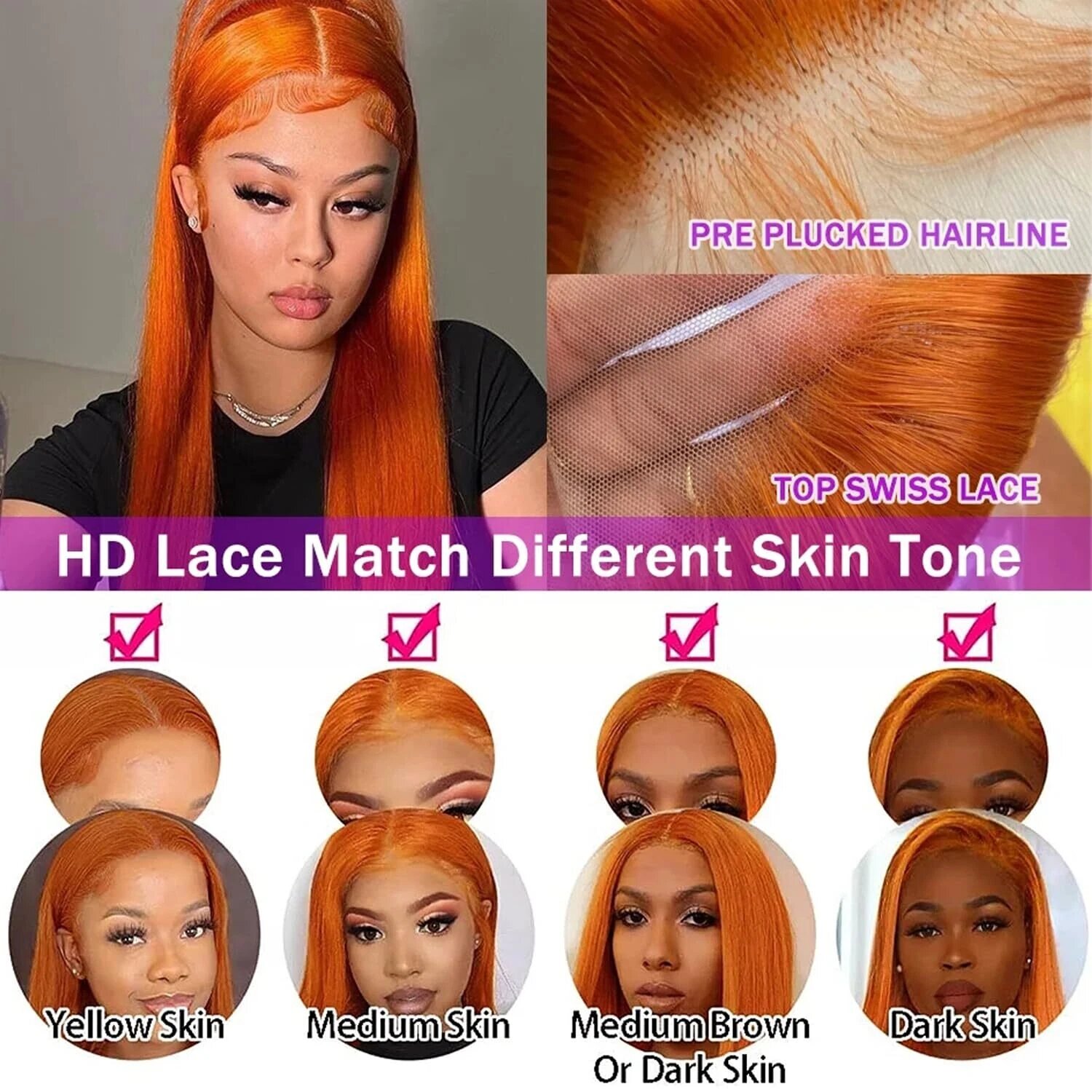 13x4 Straight Human Hair Lace Front Wig Ginger Yellow Density