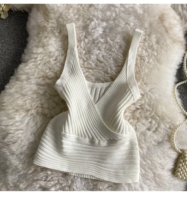 Vest V Neck With Solid Color High Waist Exposed White - Shop at LoveMi