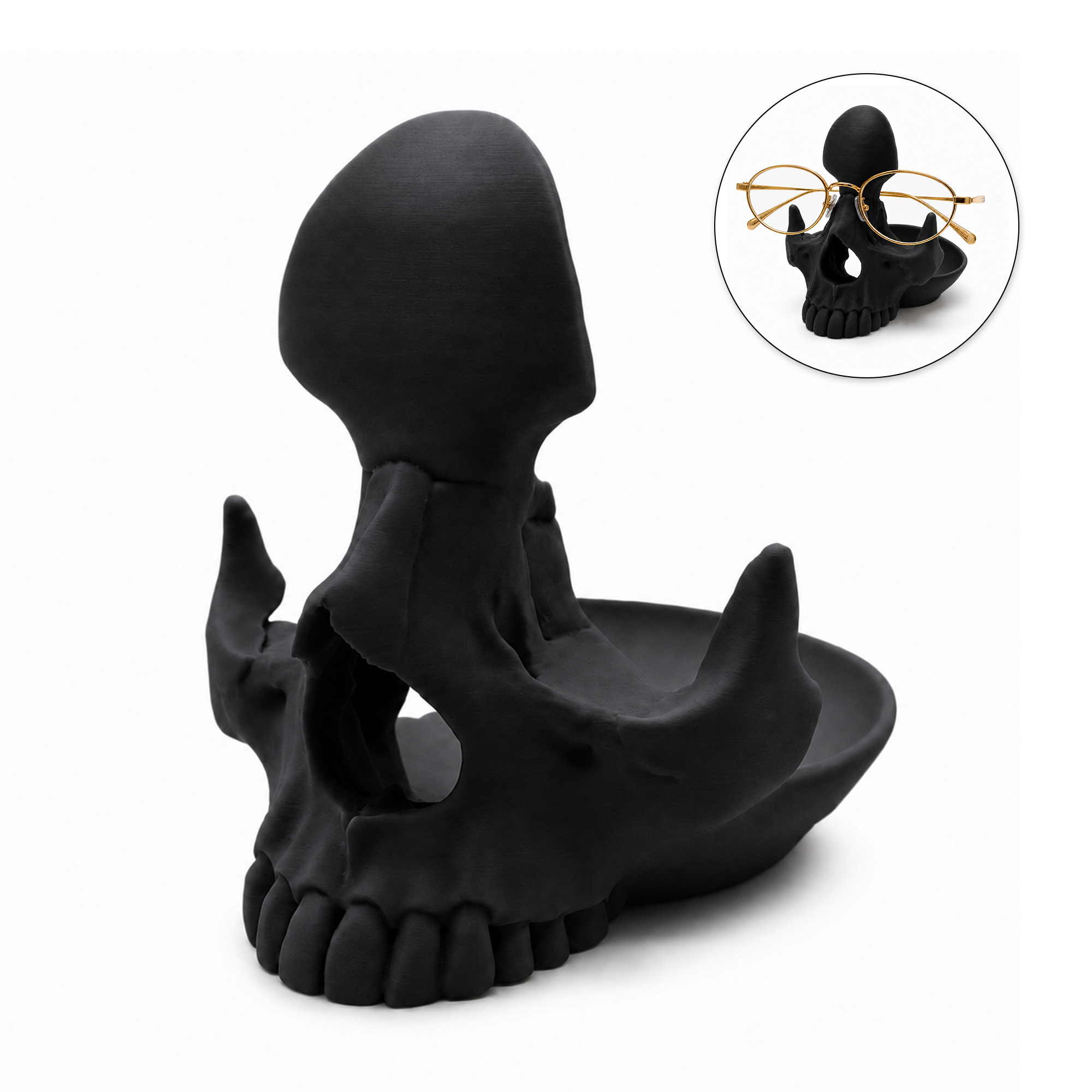 3D Printed Skull Eyeglasses Holder With Catchall Tray, Gothic Glasses Stand Desk Organizer For Sunglasses, Jewelry And Small Items