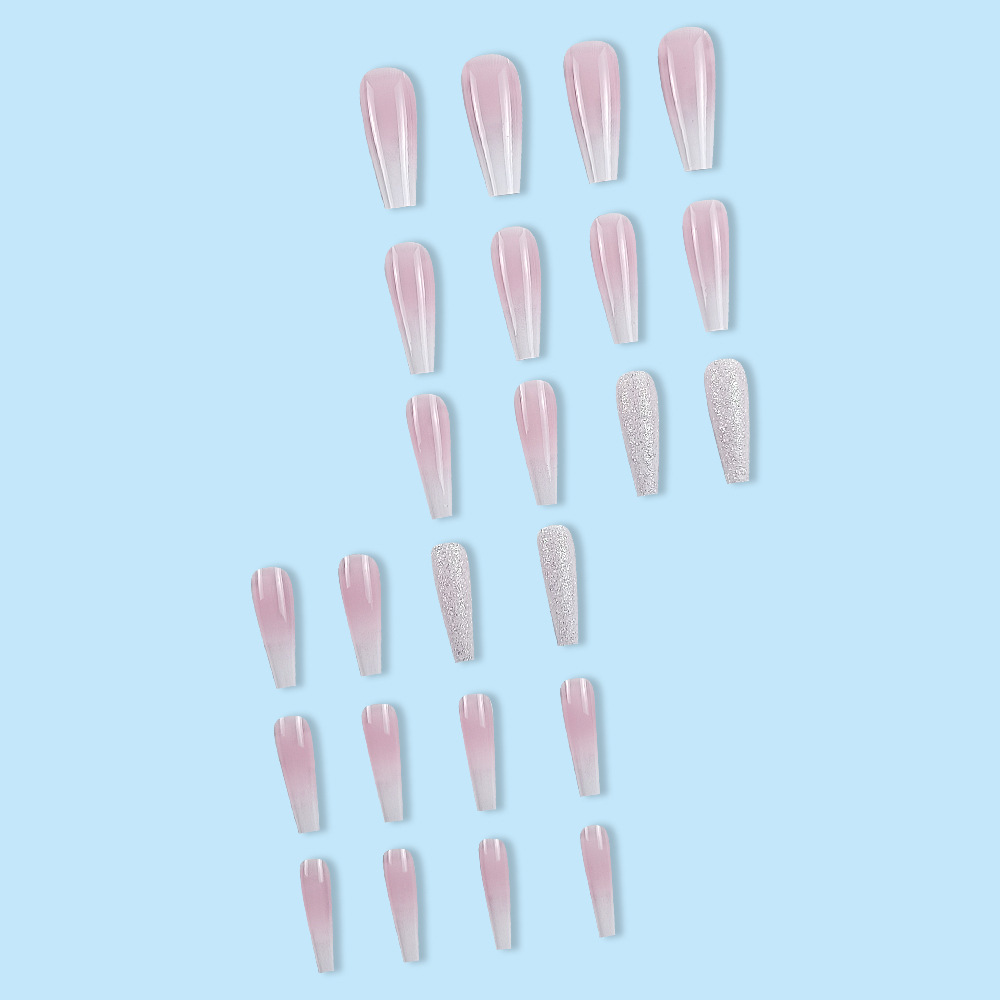 Upgrade Your Appearance.24-piece Long-style Coffin-shaped Gradient Light Pink Sequin Fashionable Lady's Nail Art Set.Suitable For Parties,dances Or Daily Wear.Long Press The Nail.
