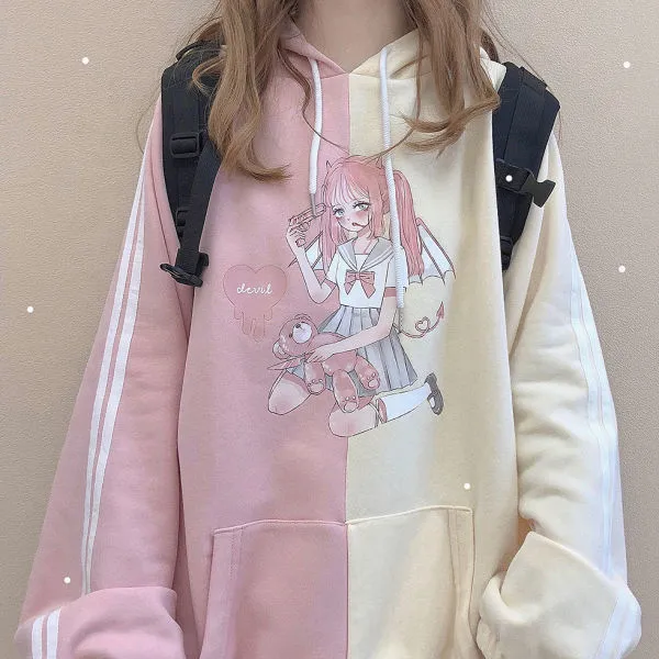 Color Block Hooded Loose Plus Velvet Padded Sweatshirt Pink - Shop at LoveMi