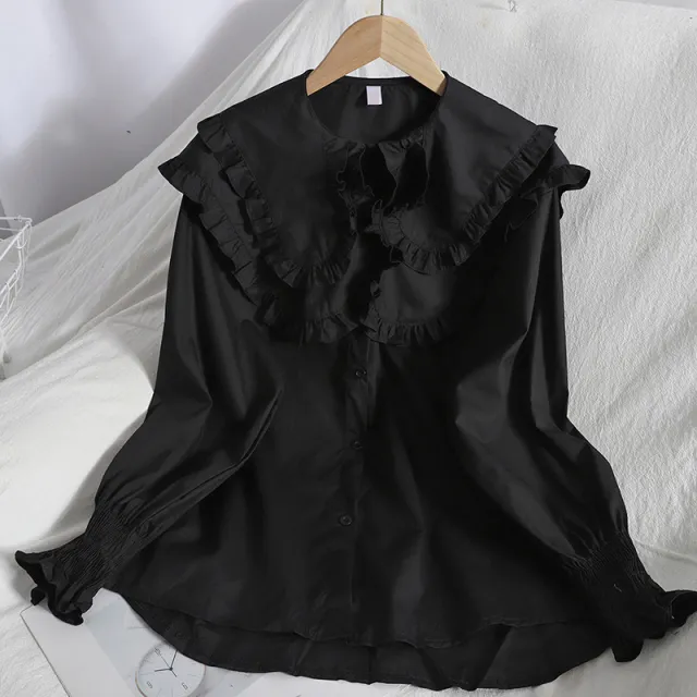 Women's Sweet Double Fungus Lapel Shirt Black - Shop at LoveMi