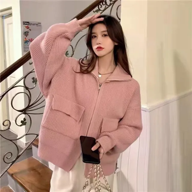 Thick Little Zip Long Sleeve Knit Cardigan Pink - Shop at LoveMi