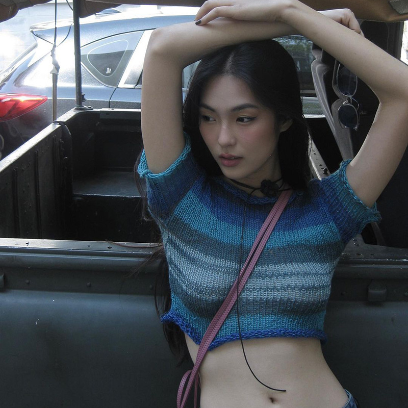 Thin White Blue Stripe Contrast Wool Short Sleeve