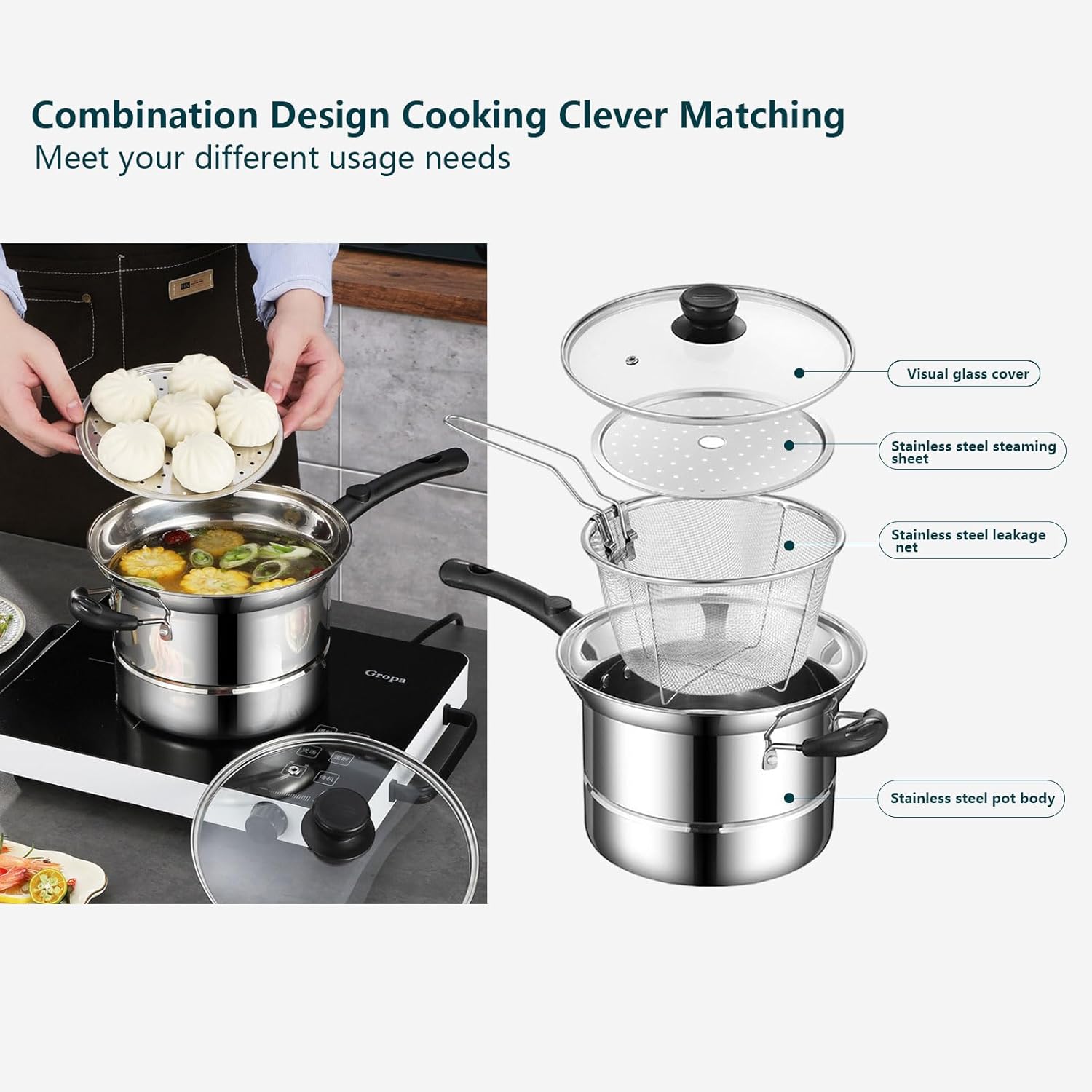 4pc Non Stick Chip Pan Deep Fat Fryer Cooking Noodle Soup Pot Frying Basket&Lid — image 6