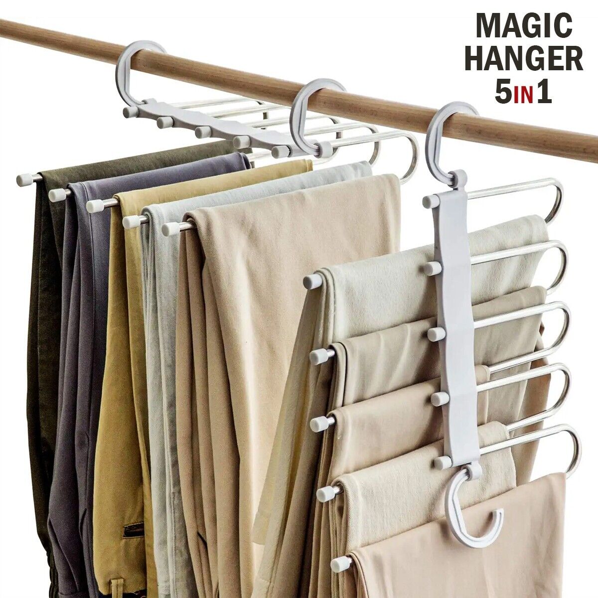 Magic Metal Hanger Closet Space Saver Organizer shipping inside the US USPS First Class Package handling 2 Day Handling 2-5 Day Shipping 5 in1 Multi-functional Pants Rack Shelves Stainless Steel Wardrobe Magic Hanger by KT Deals RANDOM COLOR WHITE/BLACK S