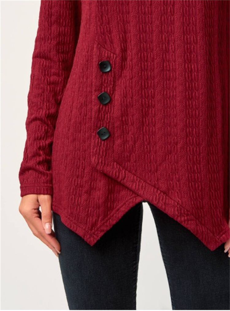 New Irregular Hem Buttoned Long Sleeve Crew Neck T-shirt