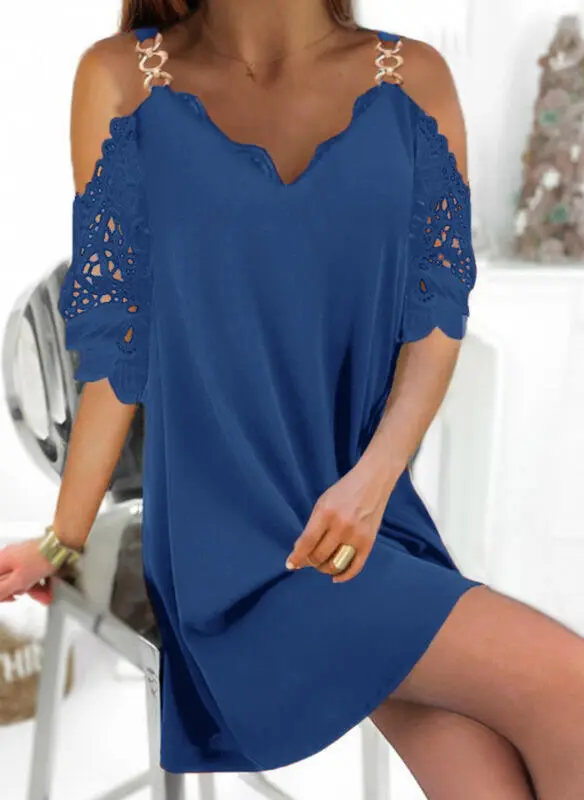 Solid Lace Three quarter Sleeve Straight V Neck Dress Blue - Shop at LoveMi